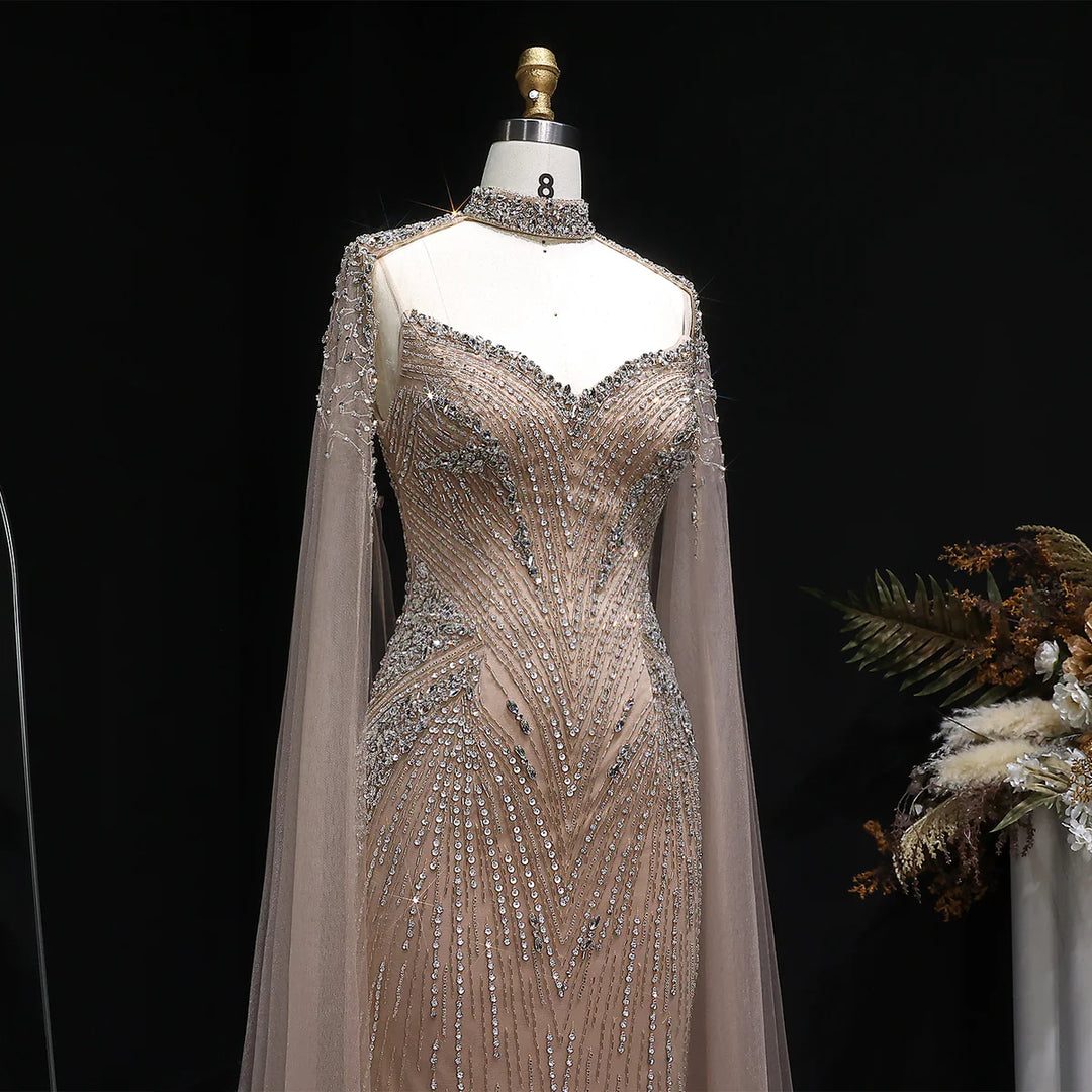 Luxury Blue Crystal Beaded Spaghetti Strap Evening Gown with Cape SS151