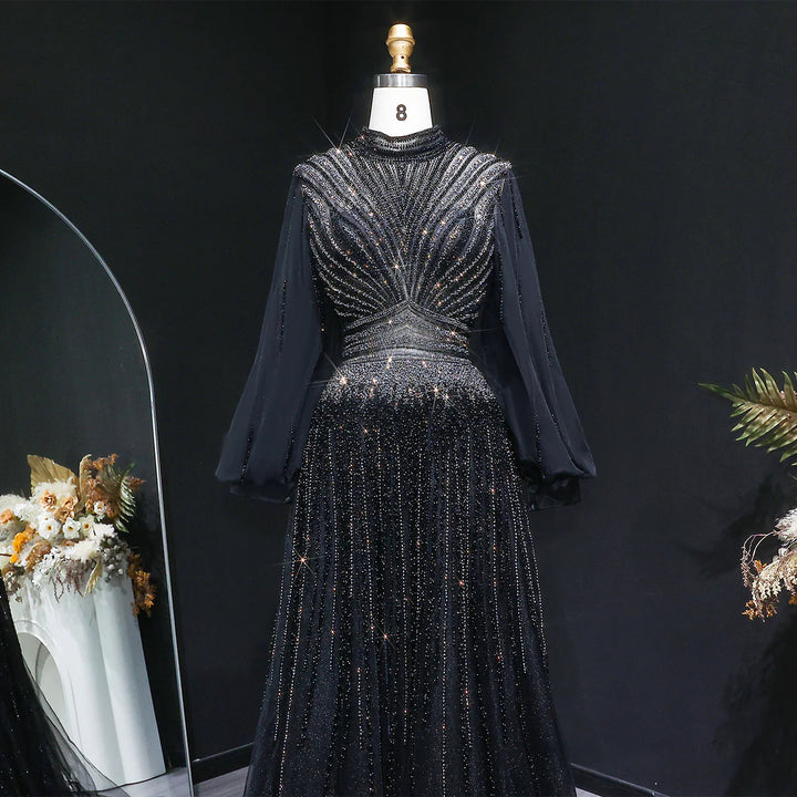 Luxury Christmas Sparkle Beaded A Line Long Sleeve Evening Dress SS012