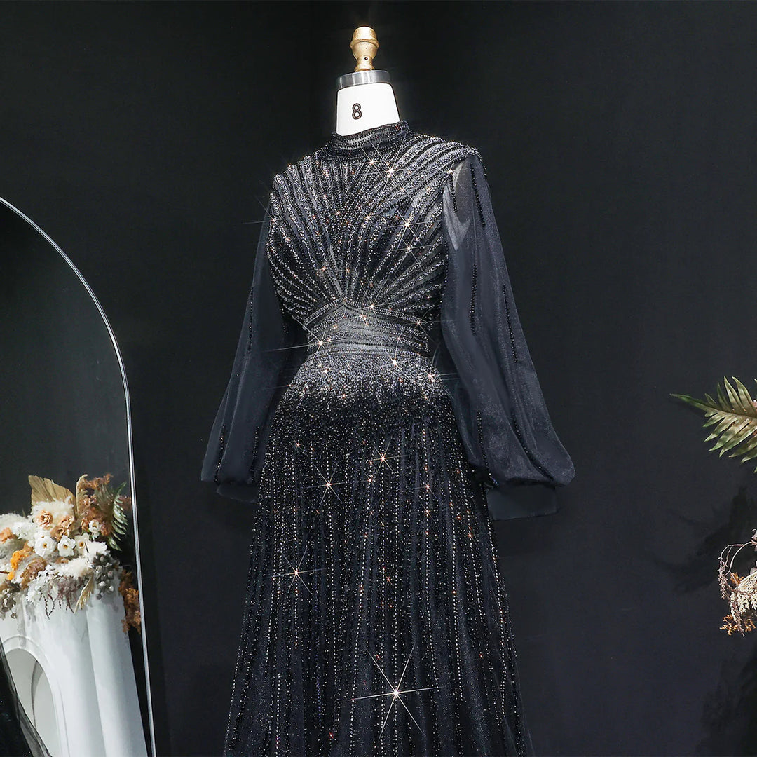 Luxury Christmas Sparkle Beaded A Line Long Sleeve Evening Dress SS012