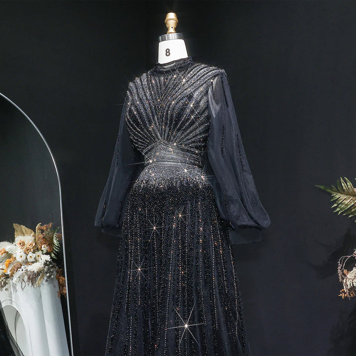 Luxury Christmas Sparkle Beaded A Line Long Sleeve Evening Dress SS012