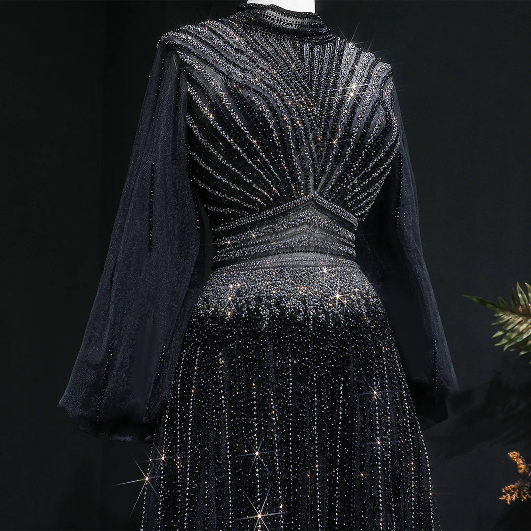 Luxury Christmas Sparkle Beaded A Line Long Sleeve Evening Dress SS012