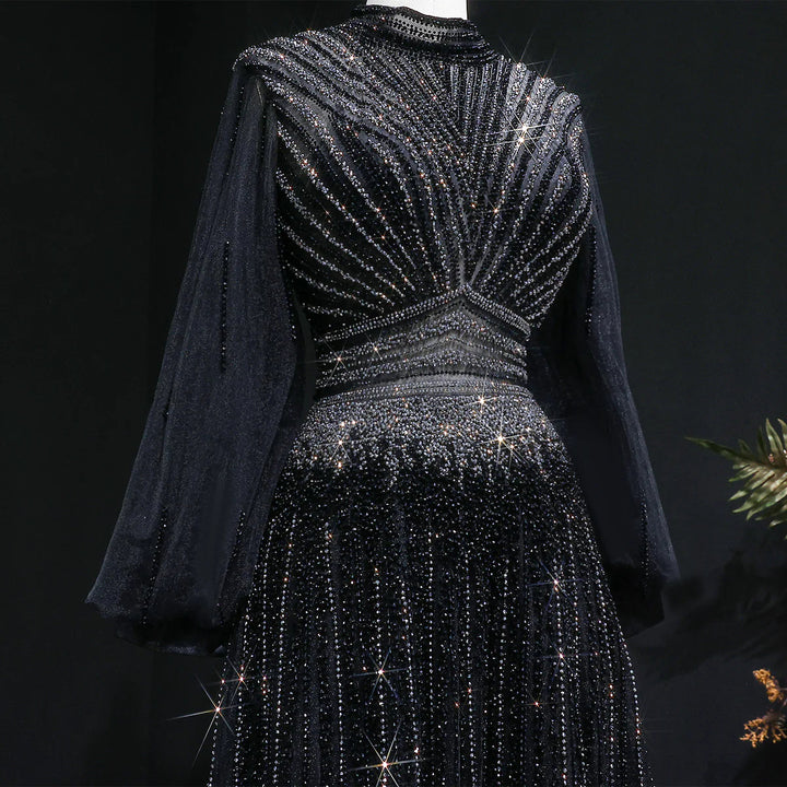 Luxury Christmas Sparkle Beaded A Line Long Sleeve Evening Dress SS012