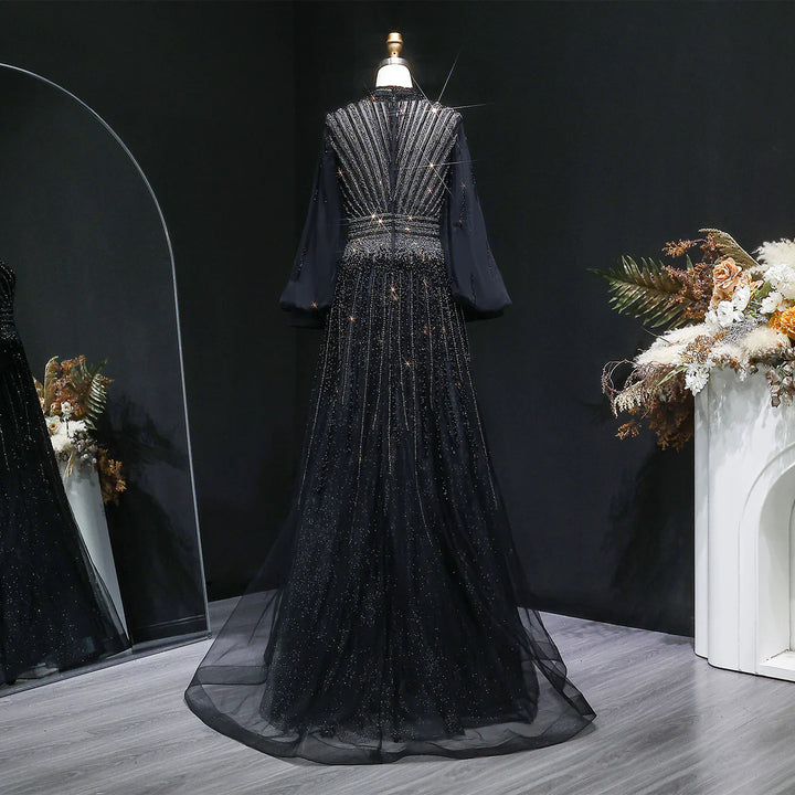 Luxury Christmas Sparkle Beaded A Line Long Sleeve Evening Dress SS012