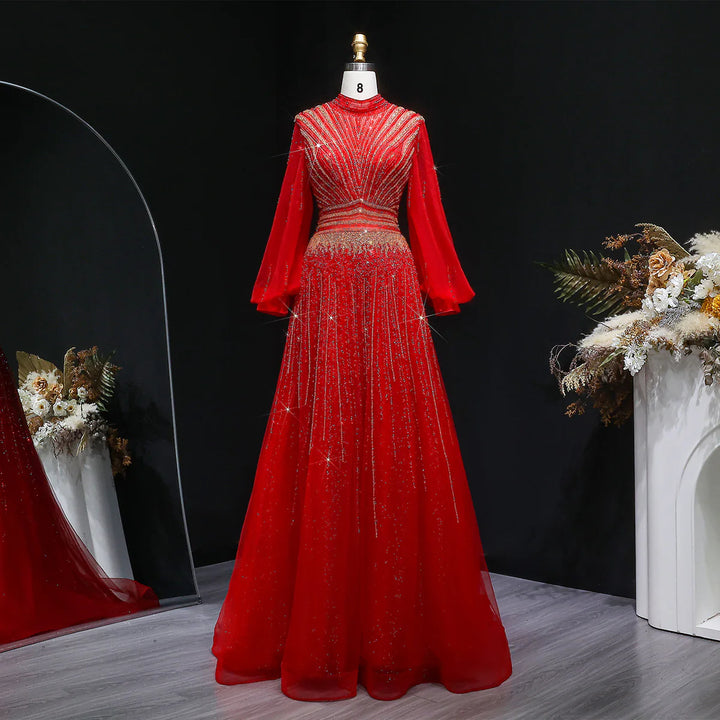 Luxury Christmas Sparkle Beaded A Line Long Sleeve Evening Dress SS012