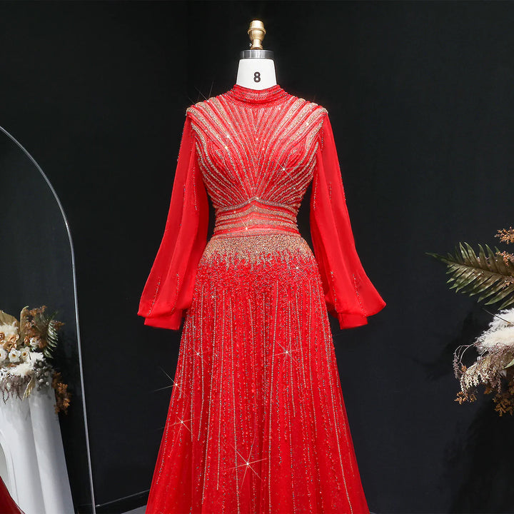 Luxury Christmas Sparkle Beaded A Line Long Sleeve Evening Dress SS012