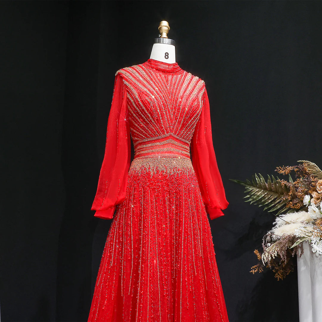 Luxury Christmas Sparkle Beaded A Line Long Sleeve Evening Dress SS012
