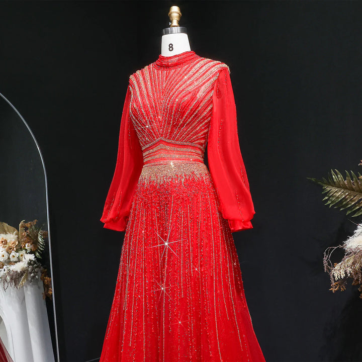 Luxury Christmas Sparkle Beaded A Line Long Sleeve Evening Dress SS012