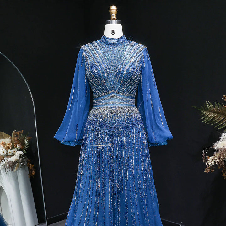 Luxury Christmas Sparkle Beaded A Line Long Sleeve Evening Dress SS012