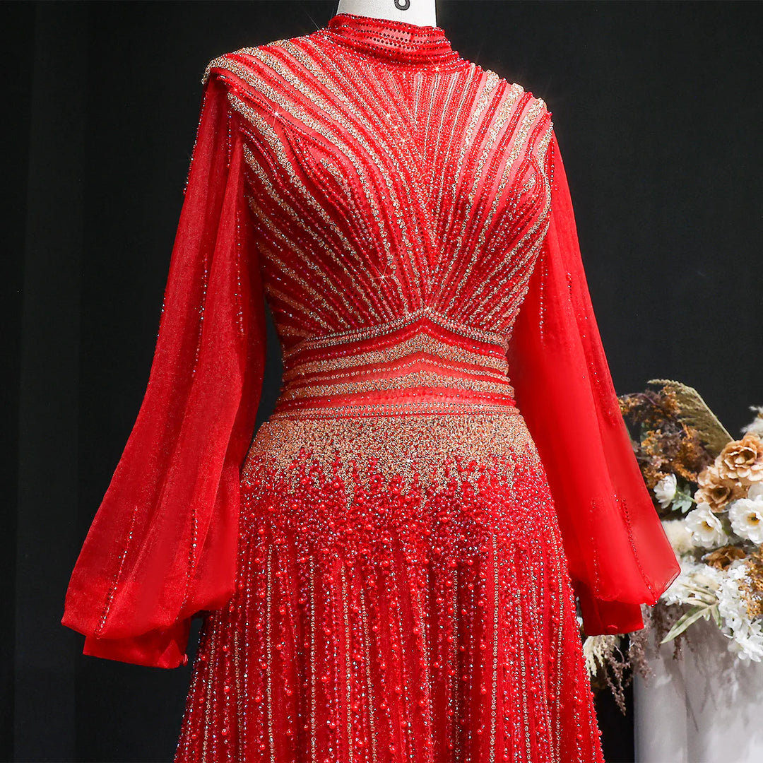 Luxury Christmas Sparkle Beaded A Line Long Sleeve Evening Dress SS012