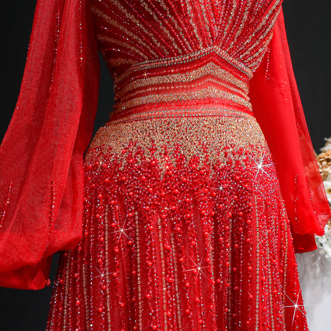 Luxury Christmas Sparkle Beaded A Line Long Sleeve Evening Dress SS012