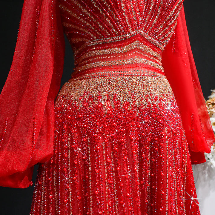 Luxury Christmas Sparkle Beaded A Line Long Sleeve Evening Dress SS012