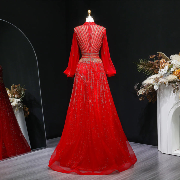 Luxury Christmas Sparkle Beaded A Line Long Sleeve Evening Dress SS012