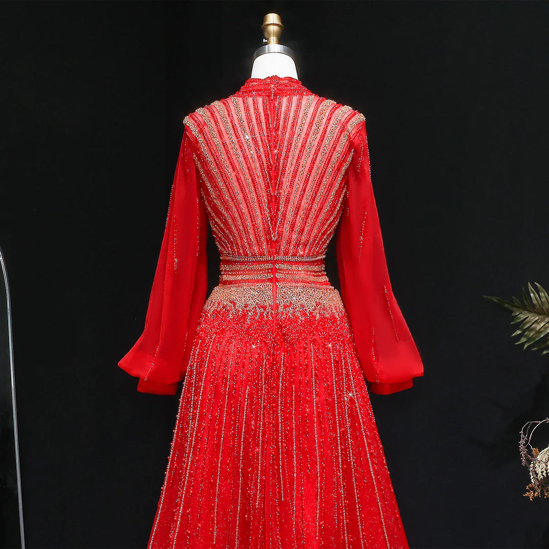 Luxury Christmas Sparkle Beaded A Line Long Sleeve Evening Dress SS012