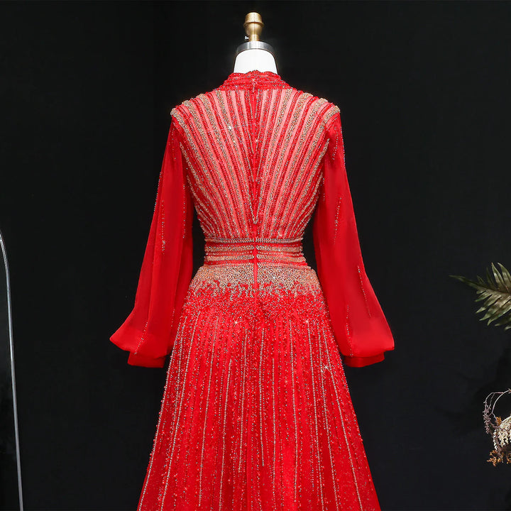 Luxury Christmas Sparkle Beaded A Line Long Sleeve Evening Dress SS012