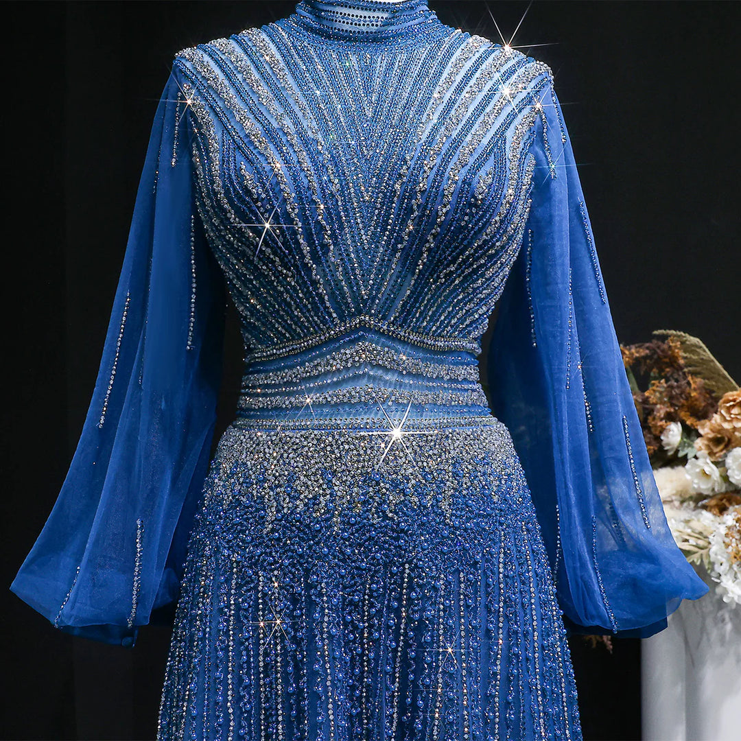 Luxury Christmas Sparkle Beaded A Line Long Sleeve Evening Dress SS012
