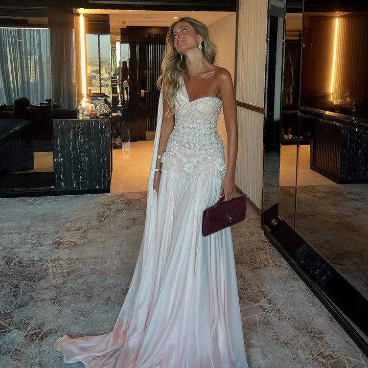 Elegant Blush Pink Beaded Evening Dress with Cape SS285