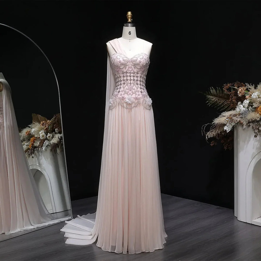 Elegant Blush Pink Beaded Evening Dress with Cape SS285