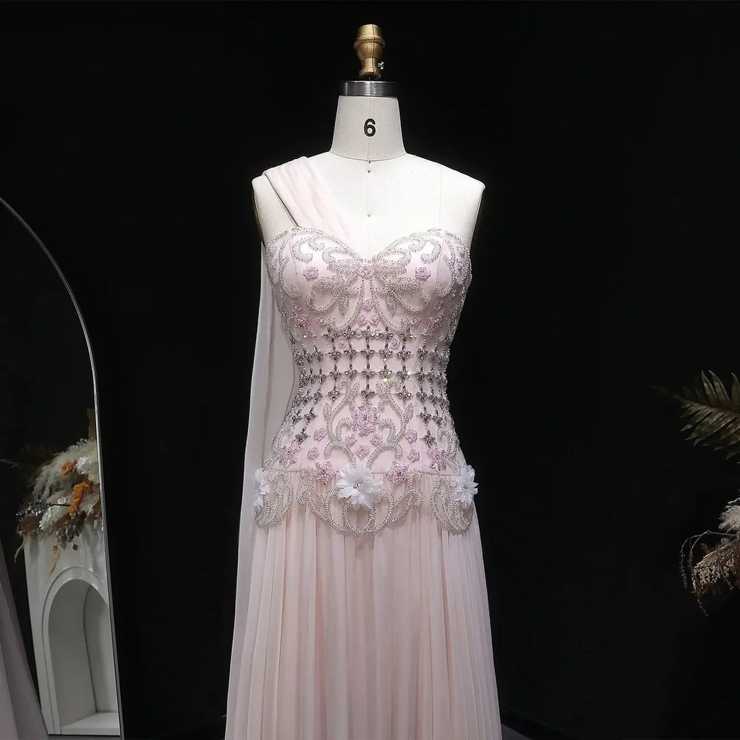 Elegant Blush Pink Beaded Evening Dress with Cape SS285