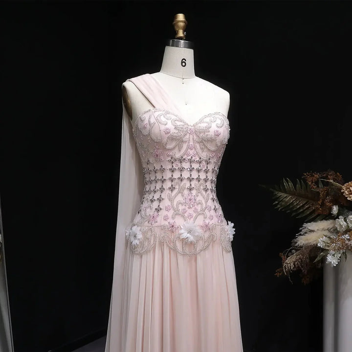 Elegant Blush Pink Beaded Evening Dress with Cape SS285