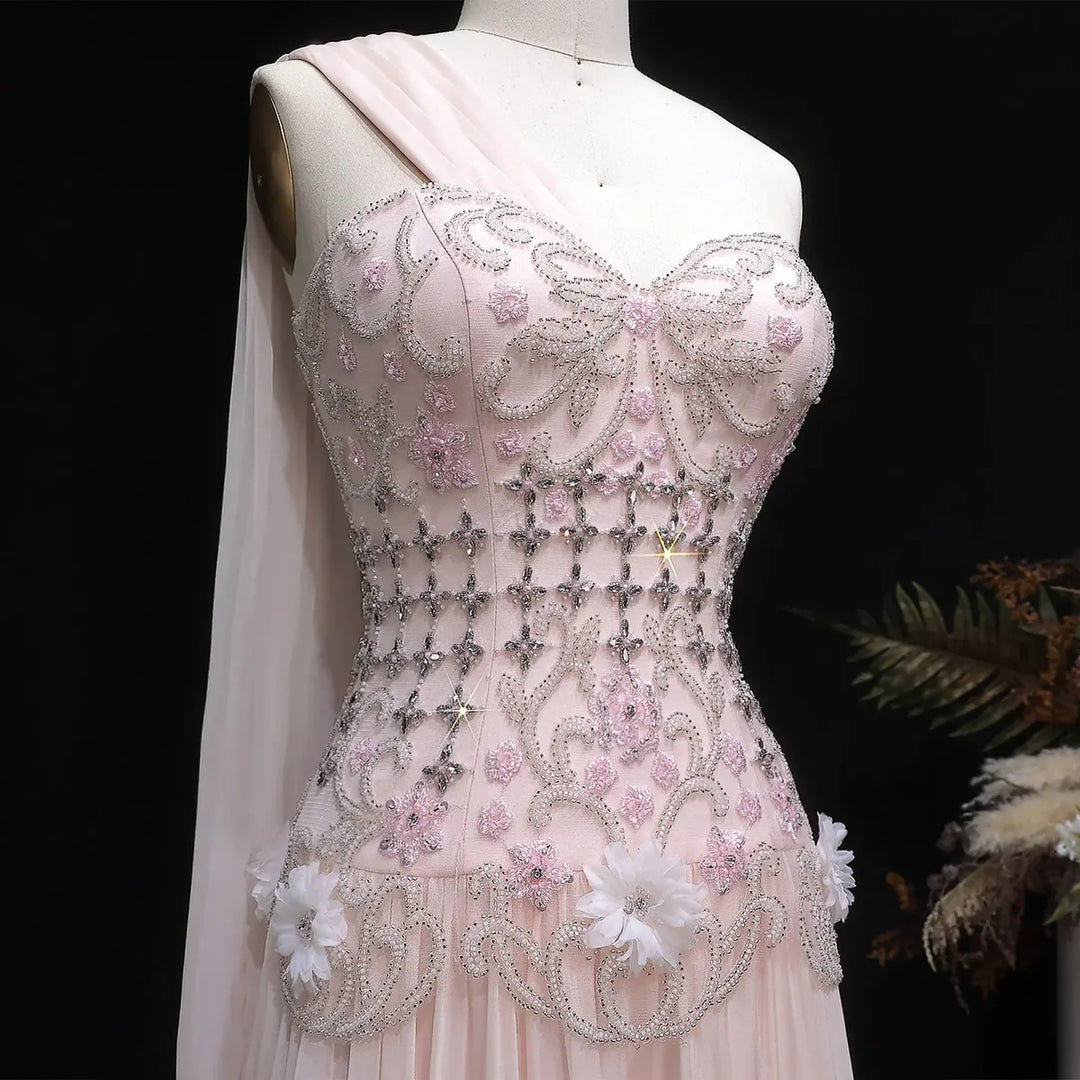 Elegant Blush Pink Beaded Evening Dress with Cape SS285