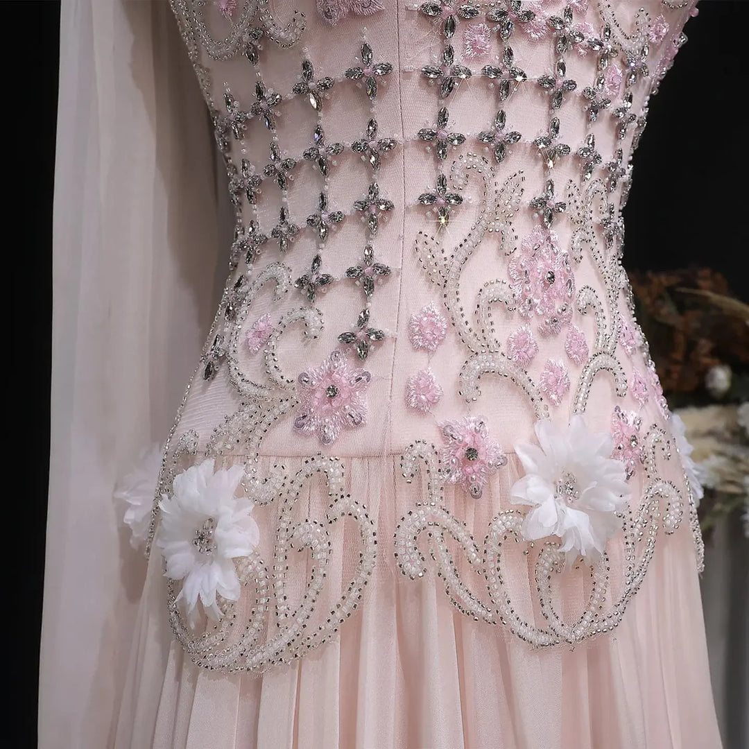 Elegant Blush Pink Beaded Evening Dress with Cape SS285