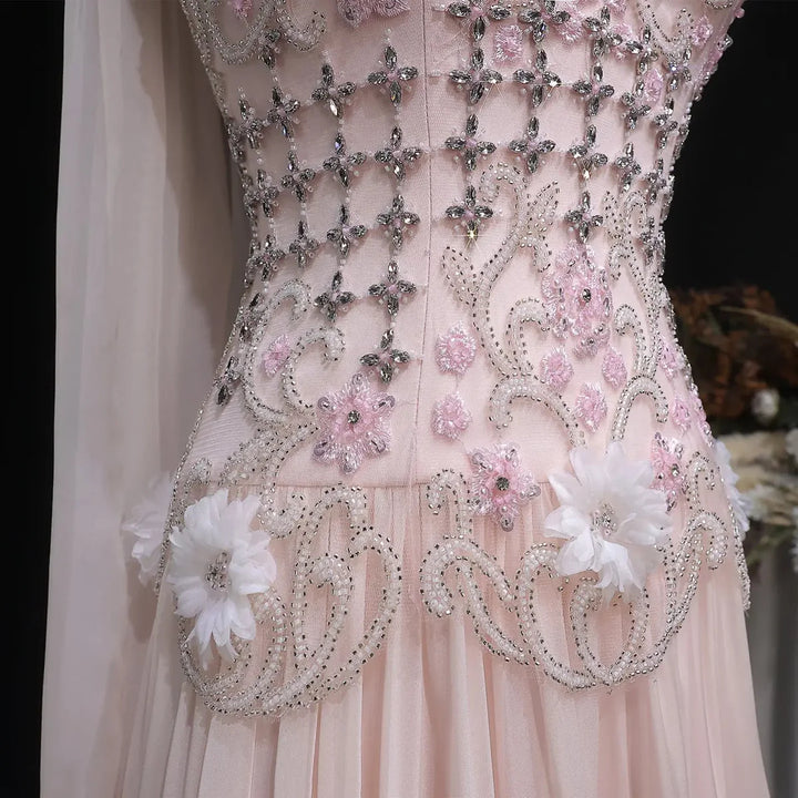 Elegant Blush Pink Beaded Evening Dress with Cape SS285