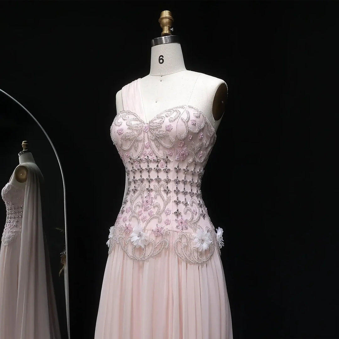Elegant Blush Pink Beaded Evening Dress with Cape SS285