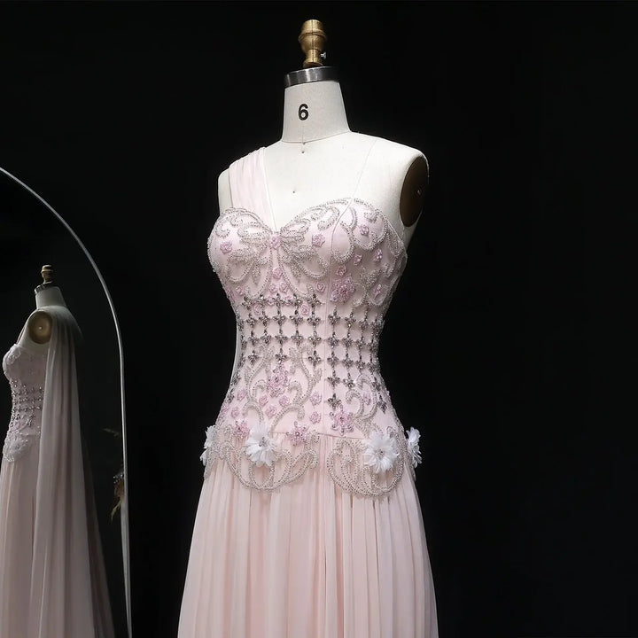 Elegant Blush Pink Beaded Evening Dress with Cape SS285