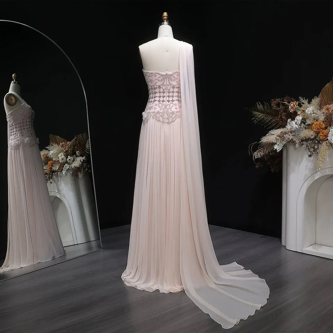 Elegant Blush Pink Beaded Evening Dress with Cape SS285