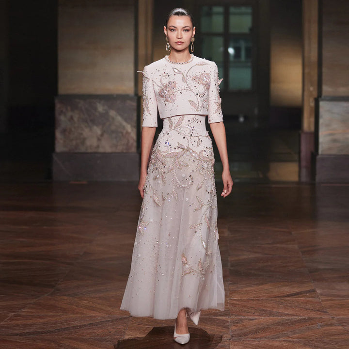 Luxury Blush Pink Crystal Embellished Two-Piece Evening Dress SS518