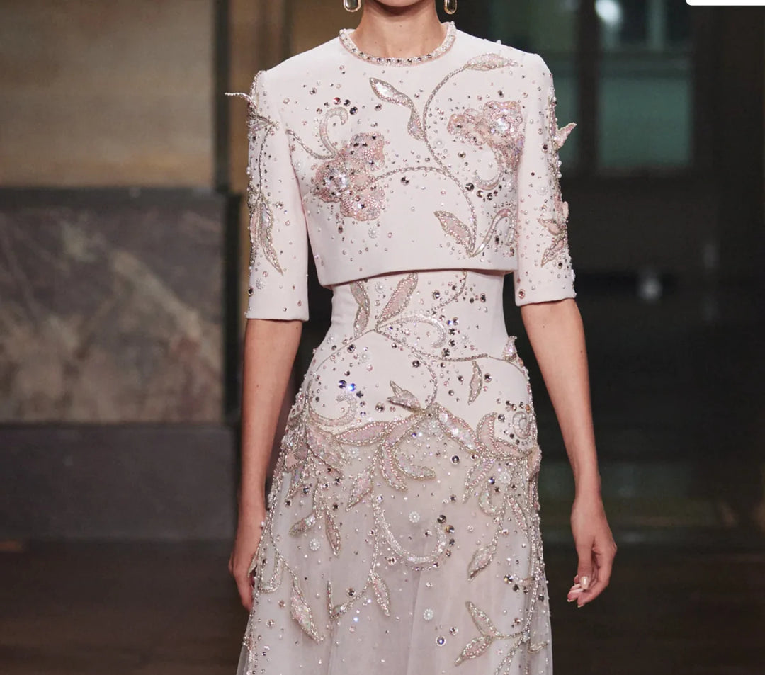 Luxury Blush Pink Crystal Embellished Two-Piece Evening Dress SS518