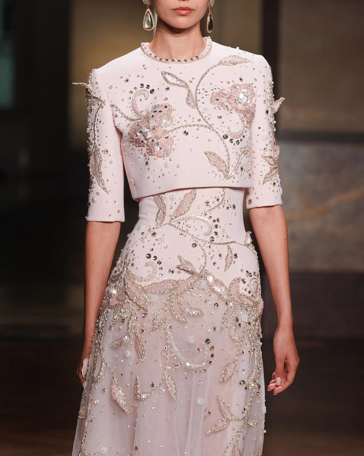 Luxury Blush Pink Crystal Embellished Two-Piece Evening Dress SS518