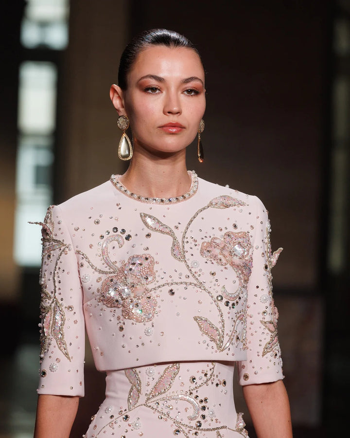 Luxury Blush Pink Crystal Embellished Two-Piece Evening Dress SS518