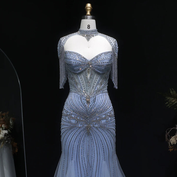 Luxury Sparkling Crystal Tassel Shoulder Evening Gown SS021