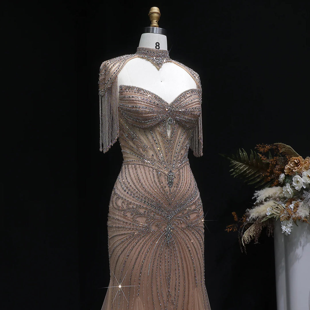 Luxury Sparkling Crystal Tassel Shoulder Evening Gown SS021