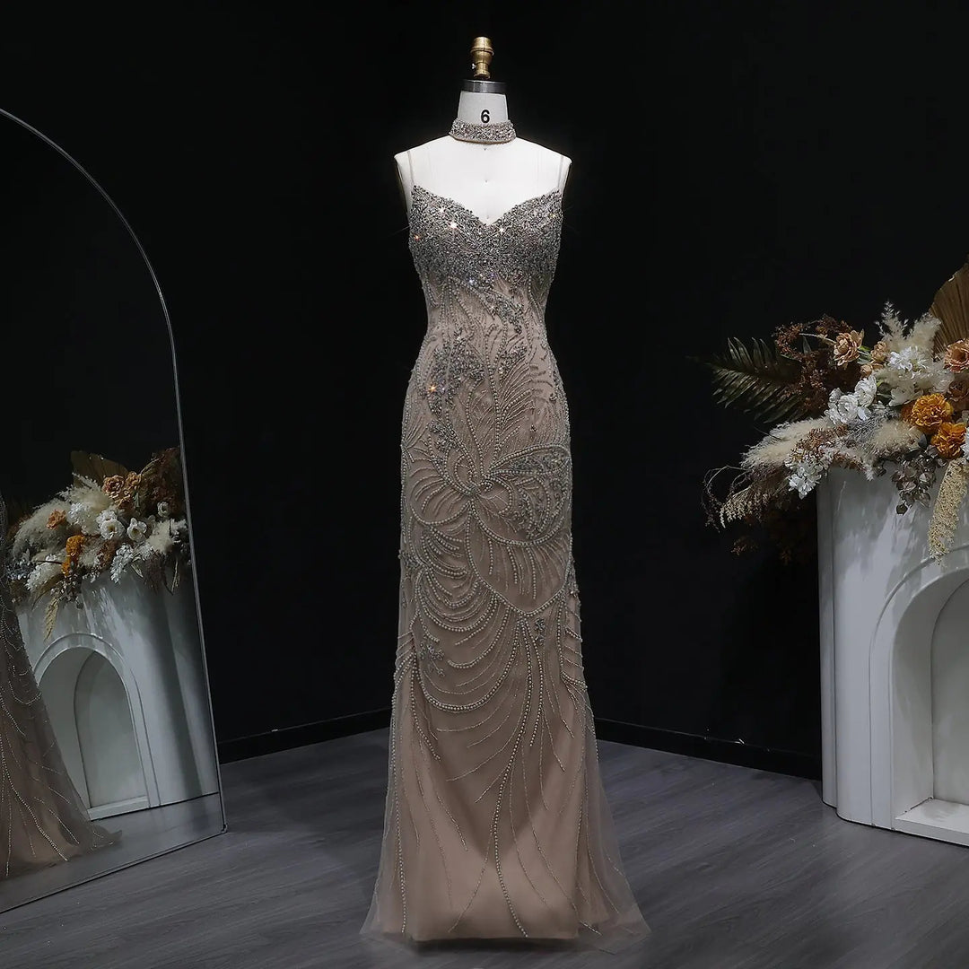 Luxury Champagne Beaded Evening Dress with Embroidery Detachable Sleeves SS164