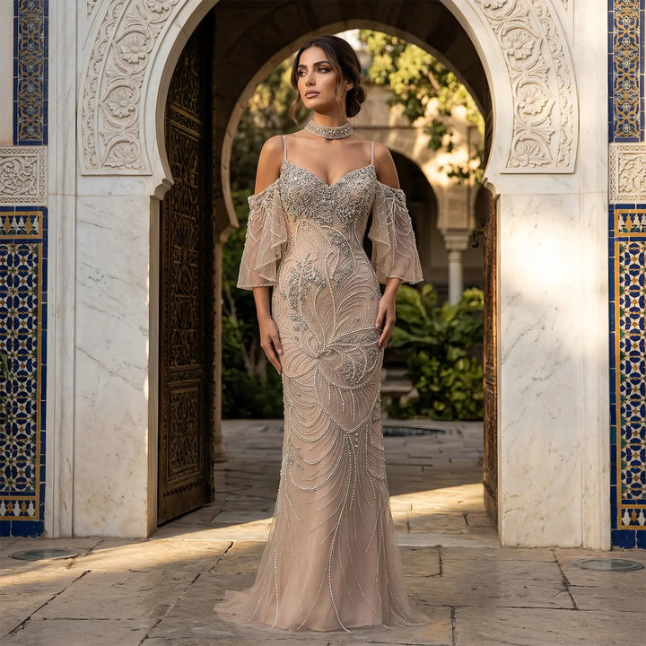 Luxury Champagne Beaded Evening Dress with Embroidery Detachable Sleeves SS164