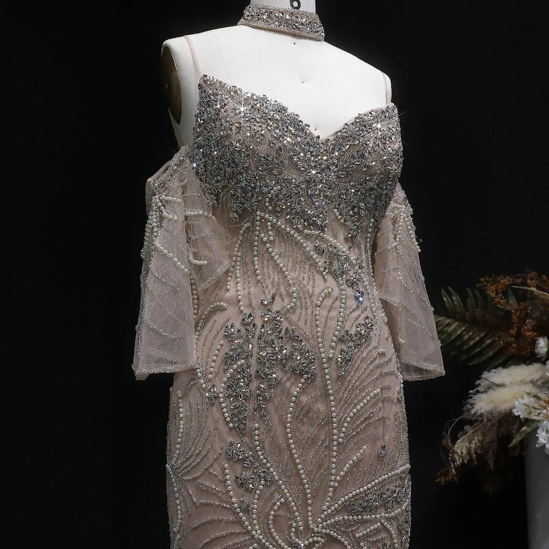 Luxury Champagne Beaded Evening Dress with Embroidery Detachable Sleeves SS164