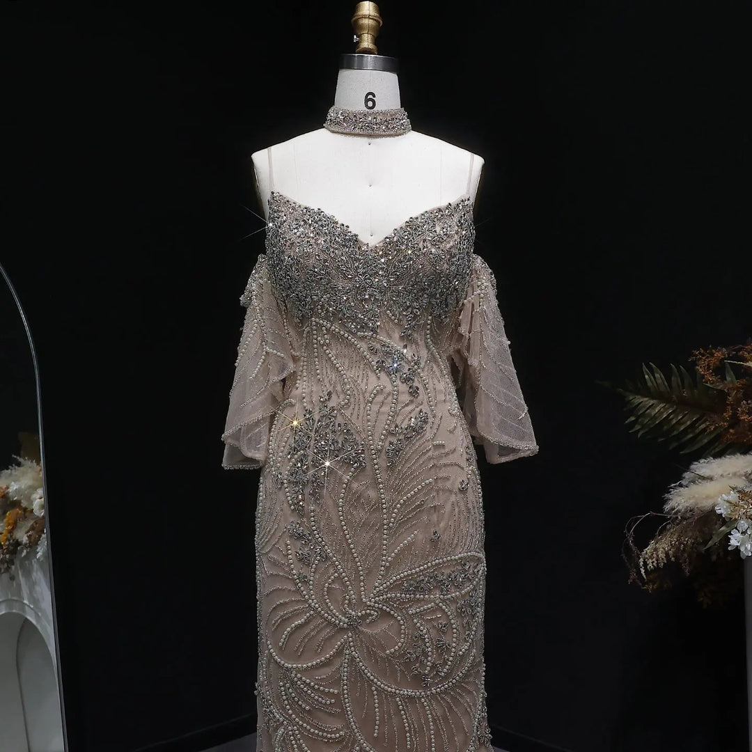 Luxury Champagne Beaded Evening Dress with Embroidery Detachable Sleeves SS164