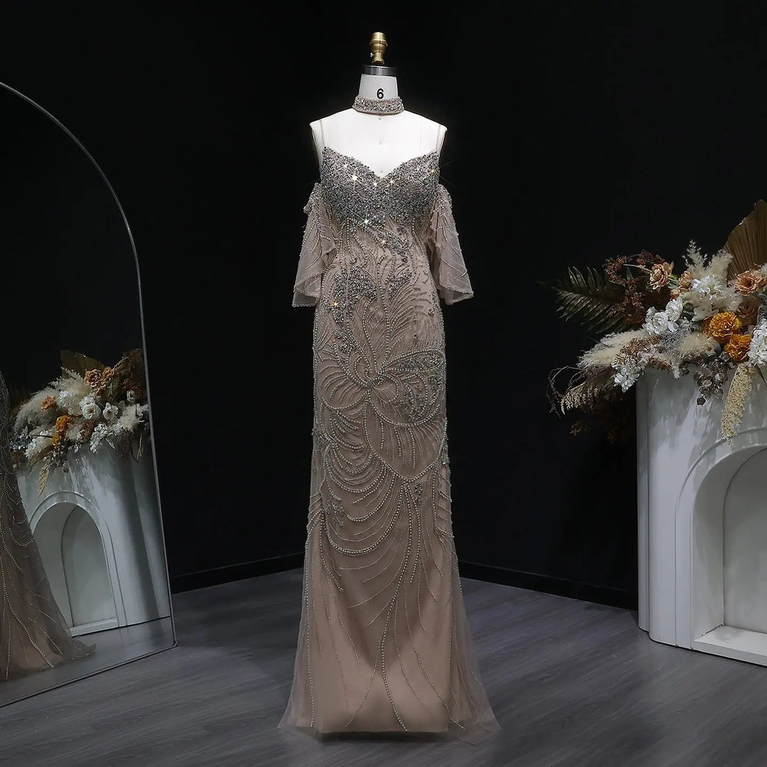 Luxury Champagne Beaded Evening Dress with Embroidery Detachable Sleeves SS164