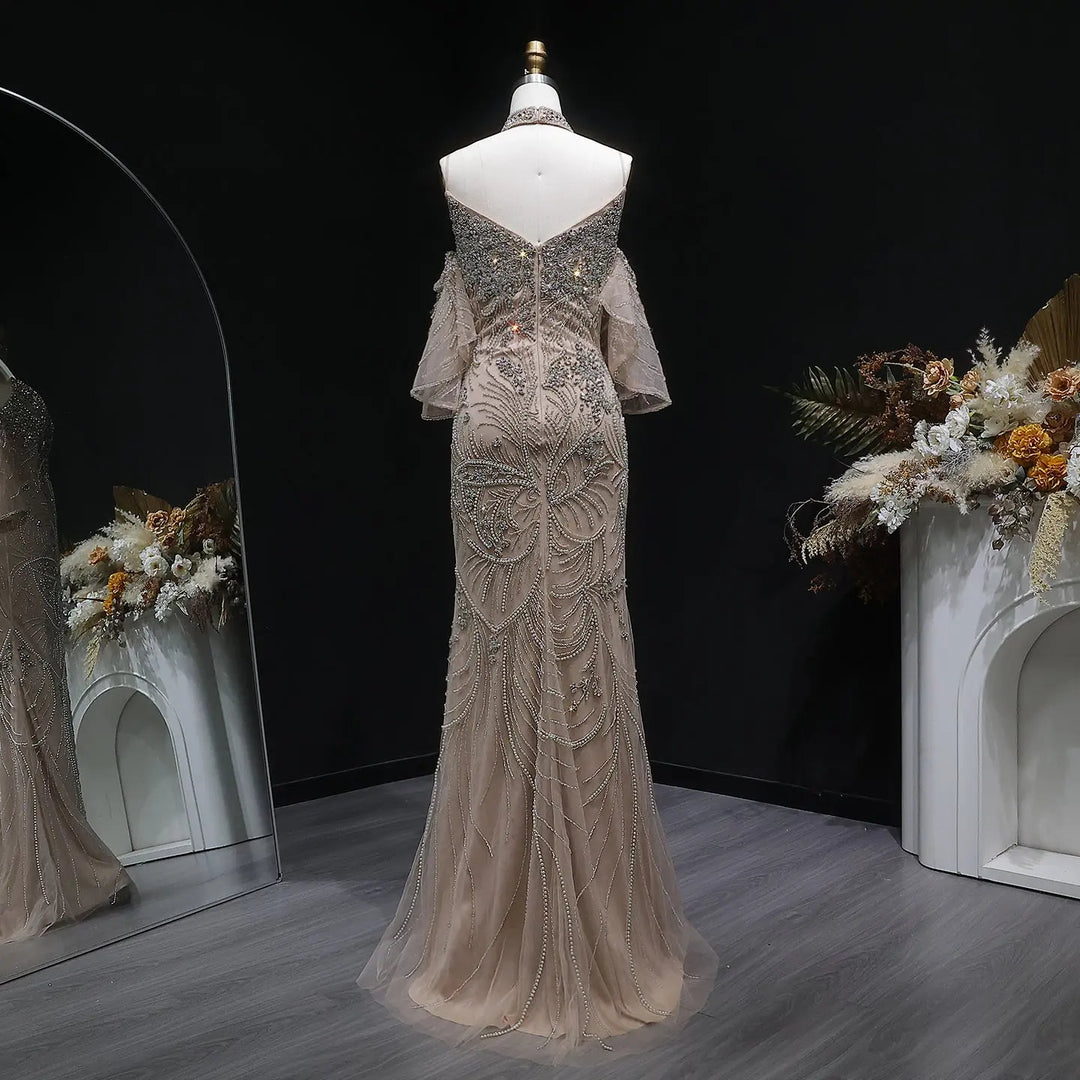 Luxury Champagne Beaded Evening Dress with Embroidery Detachable Sleeves SS164