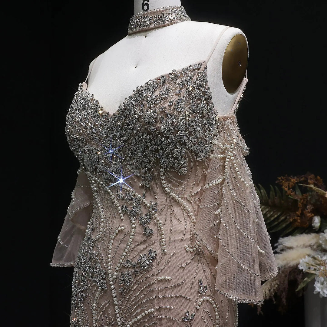 Luxury Champagne Beaded Evening Dress with Embroidery Detachable Sleeves SS164