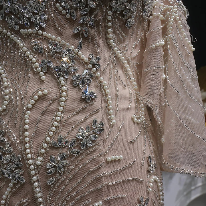 Luxury Champagne Beaded Evening Dress with Embroidery Detachable Sleeves SS164