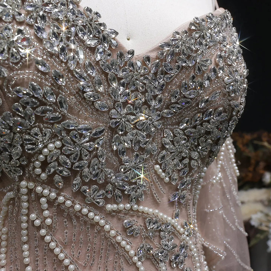 Luxury Champagne Beaded Evening Dress with Embroidery Detachable Sleeves SS164