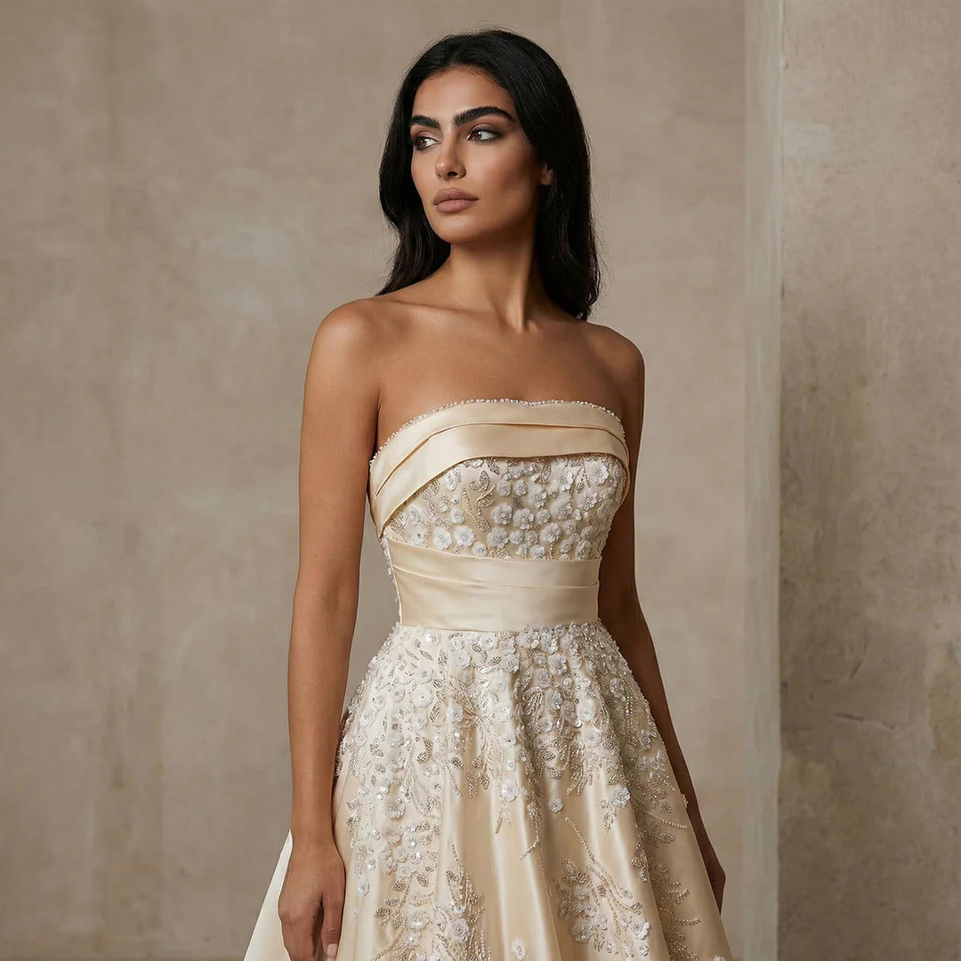 Luxury Champagne Evening Dress with Sequin Details XD045