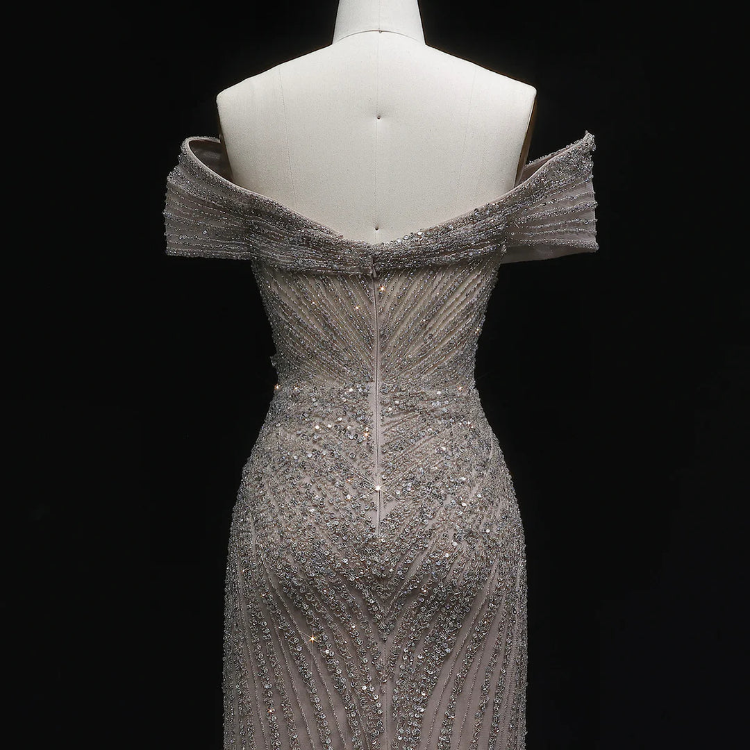 Elegant Champagne Sequin Bead Off-Shoulder Evening Dress SS007