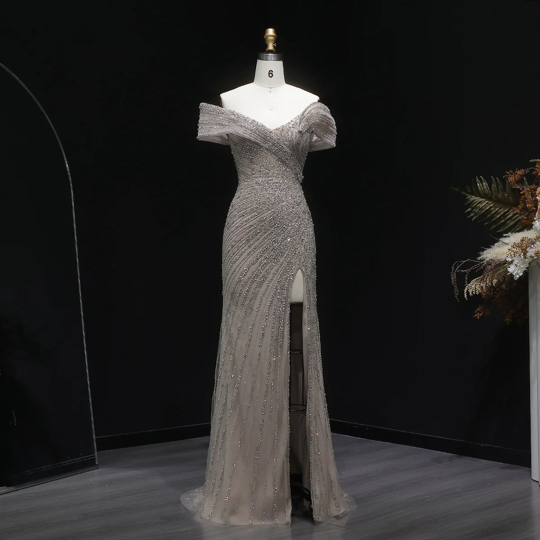 Elegant Champagne Sequin Bead Off-Shoulder Evening Dress SS007