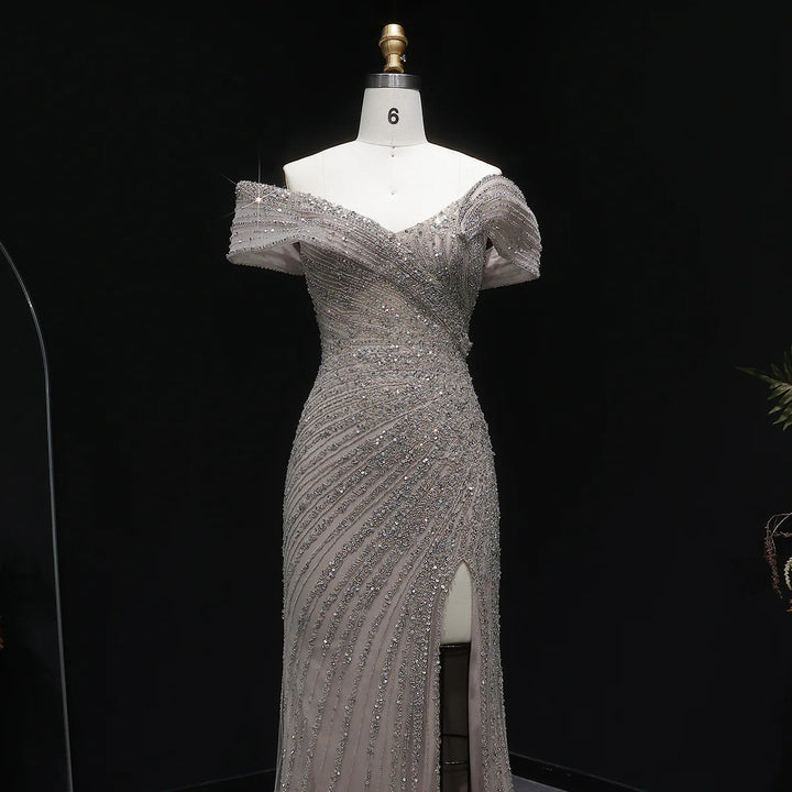 Elegant Champagne Sequin Bead Off-Shoulder Evening Dress SS007
