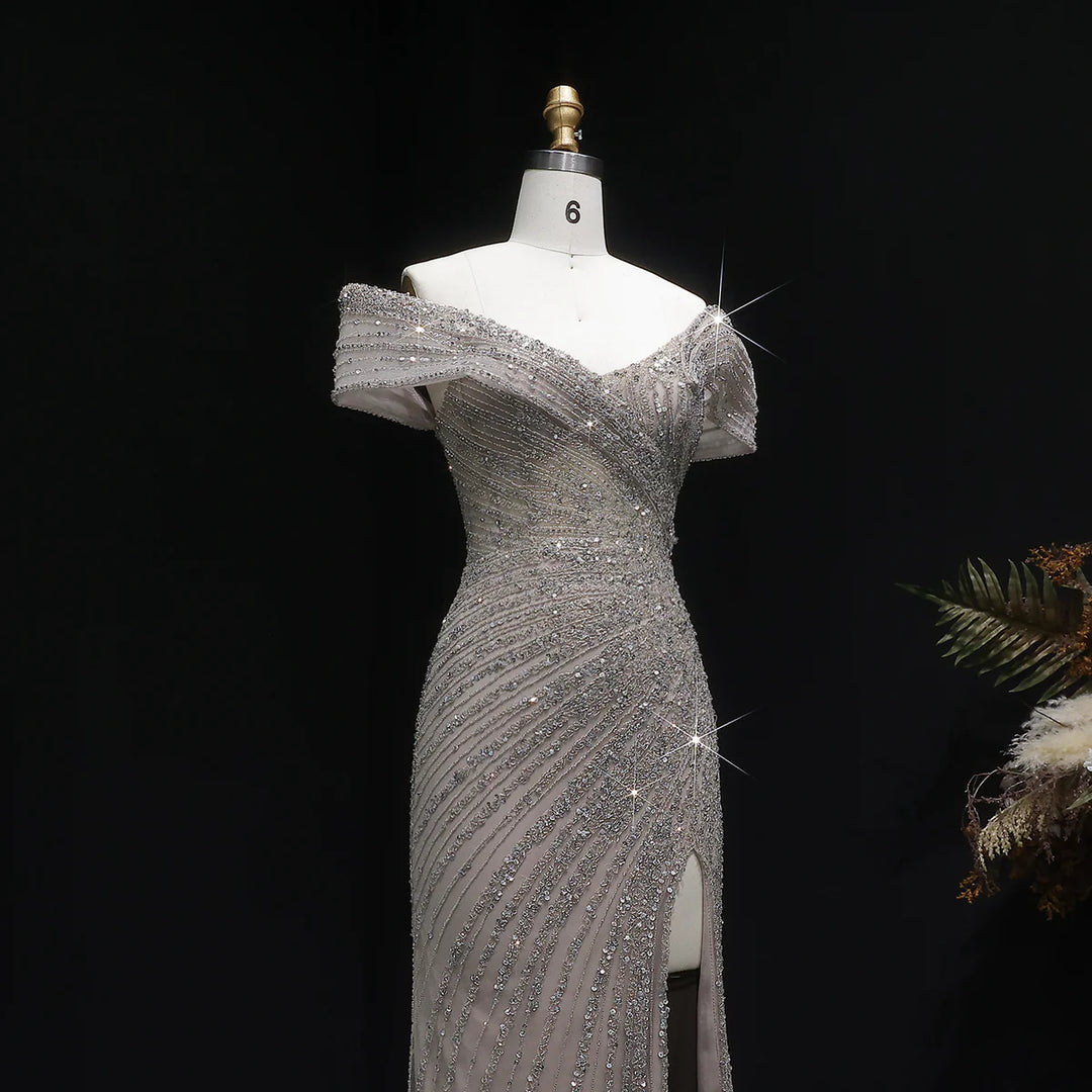 Elegant Champagne Sequin Bead Off-Shoulder Evening Dress SS007