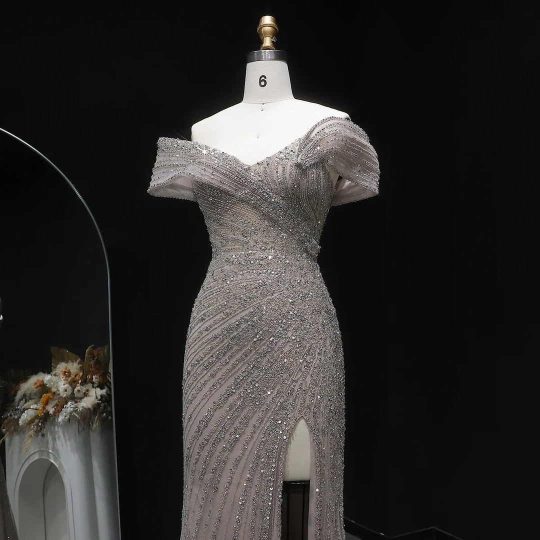 Elegant Champagne Sequin Bead Off-Shoulder Evening Dress SS007